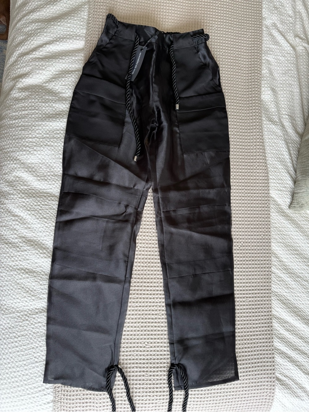 Black Satin Drawstring Cargo Trousers